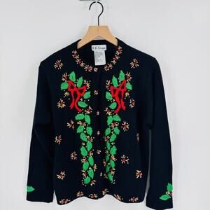 Vintage B.P. Design Christmas Cardigan Sweater Red Green Bows Size Medium